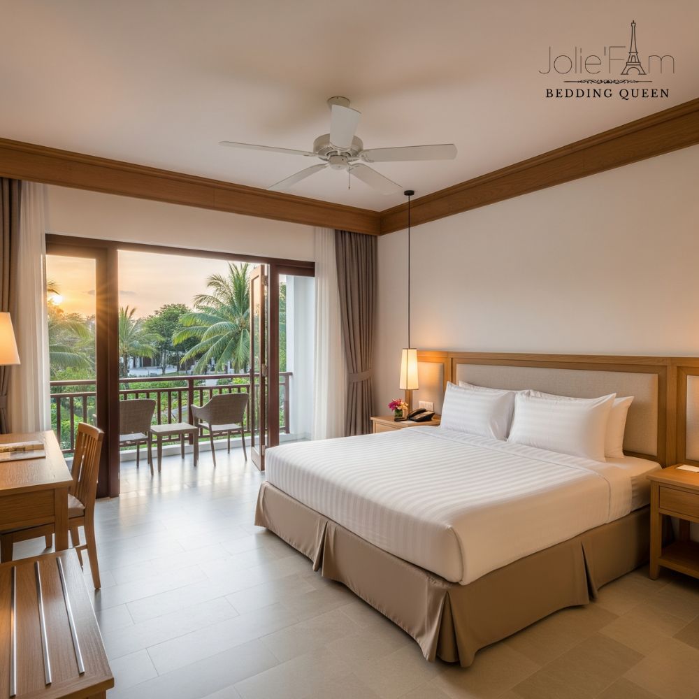 Một bộ chăn ga gối khách sạn thiết kế riêng với đường viền và họa tiết thêu chắc chắn tinh xảo trên nền vải trắng T350.