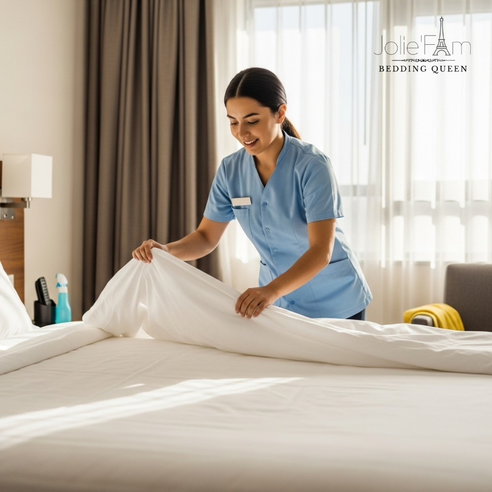 Vì Sao Chăn Ga Khách Sạn Màu Trắng Trở Thành Tiêu Chuẩn 10 Nhân viên khách sạn dọn phòng với ga giường màu trắng
