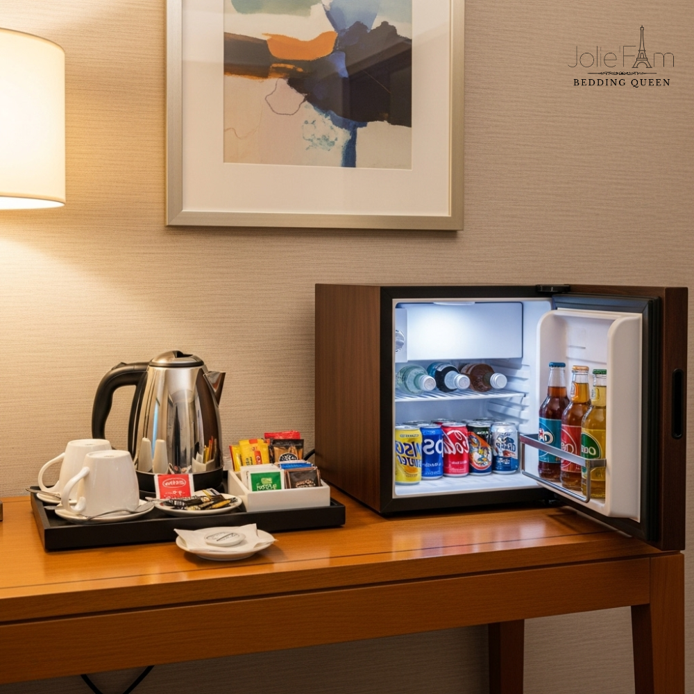 Setup phòng ngủ khách sạn cần những gì? Danh sách đầy đủ 22 Minibar cung cấp đồ uống và đồ ăn nhẹ tiện lợi cho khách hàng