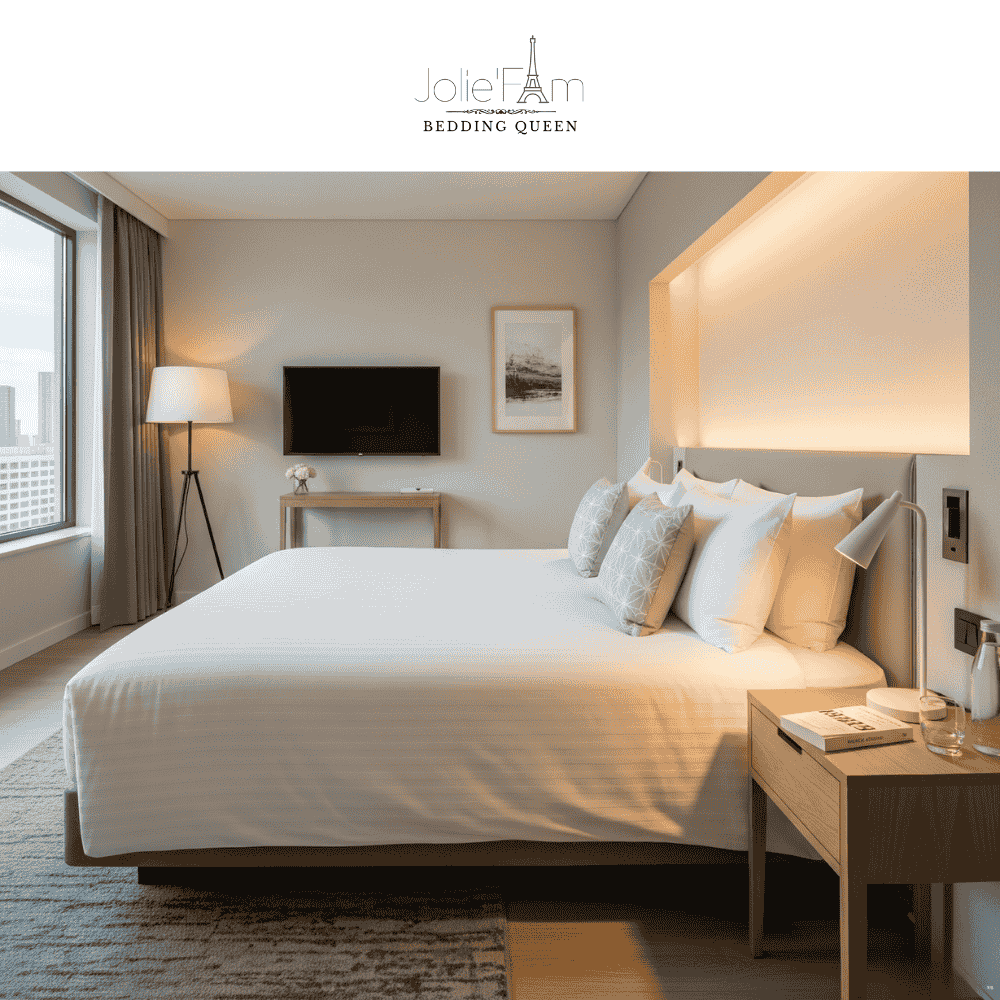 Phòng khách sạn sang trọng với giường ngủ được trang bị chăn ga gối trắng tinh, cao cấp của Joliefam