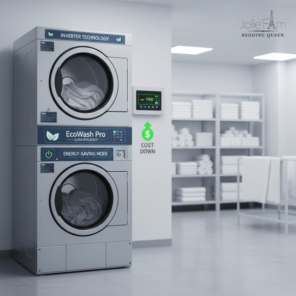 Sử dụng máy giặt công nghiệp hiện đại có chế độ tái sử dụng nước giặt xả, tiết kiệm đến 30% lượng nước cho mỗi mẻ.