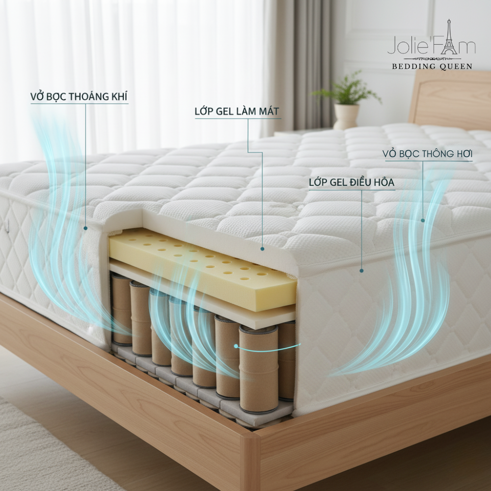 Hình ảnh cắt lớp cấu tạo của một chiếc đệm lò xo túi độc lập, cho thấy các cuộn lò xo riêng biệt và các lớp foam tiện ích.