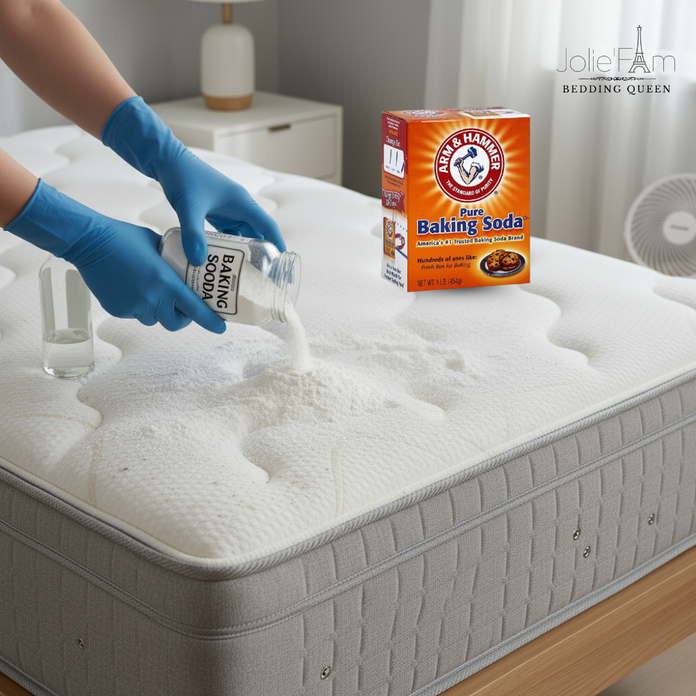 Minh họa quy trình vệ sinh đệm bằng baking soda để khử mùi và hút ẩm.