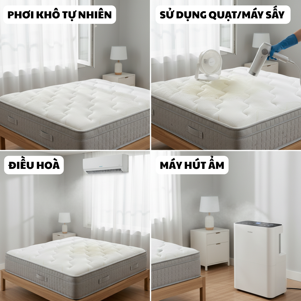 Đảm bảo đệm đã khô hoàn toàn từ trong ra ngoài trước khi bọc lại ga. Đệm còn ẩm dù chỉ một chút cũng có thể trở thành ổ vi khuẩn và nấm mốc.