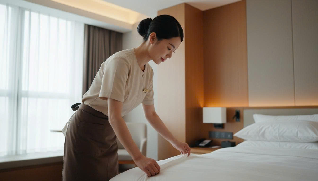 Nhân viên buồng phòng đang trải bộ chăn ga cotton lụa trắng mịn trong phòng khách sạn