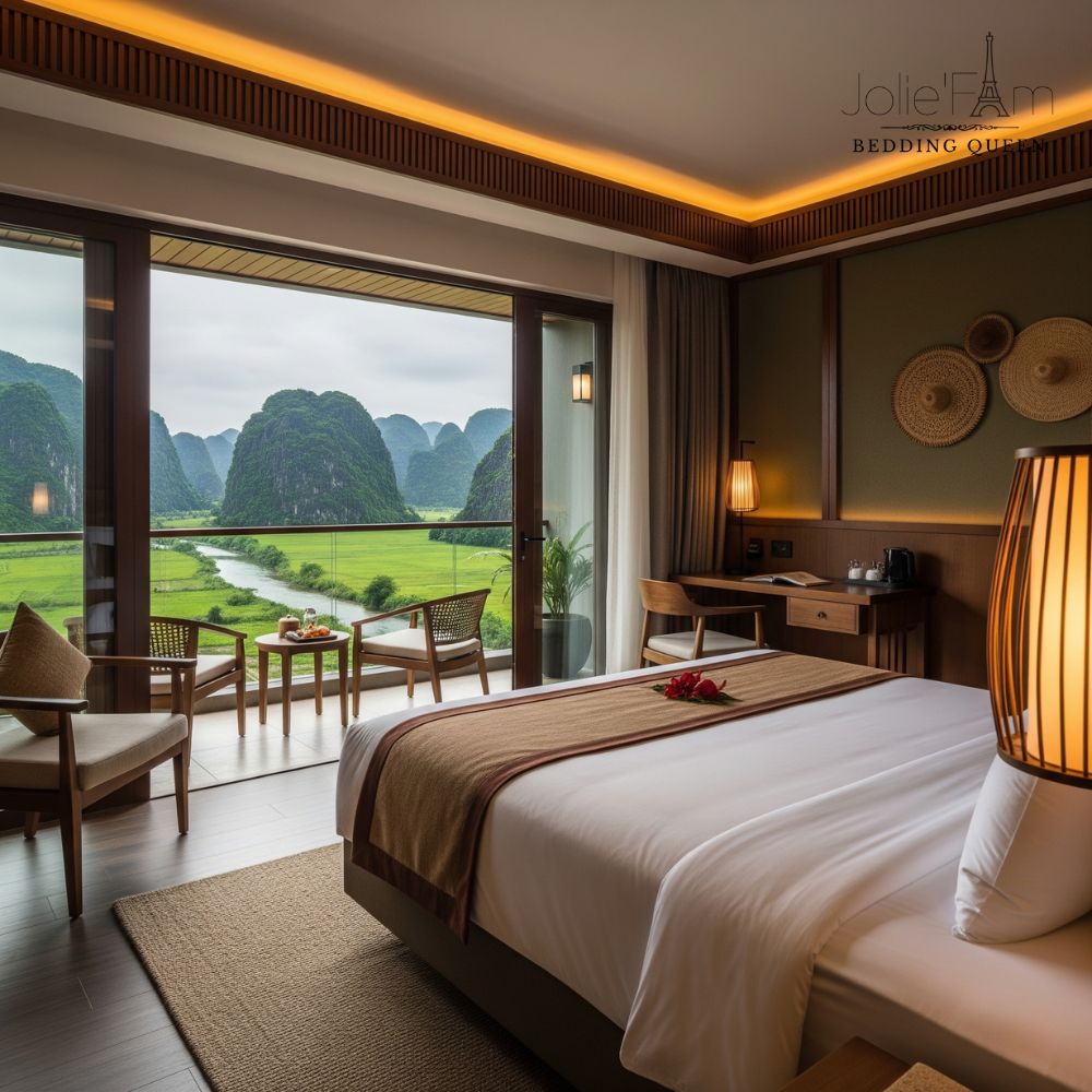 Không gian thực tế của một khách sạn tại Đà Nẵng sau khi nâng cấp chăn ga gối lên vải T250 Joliefam
