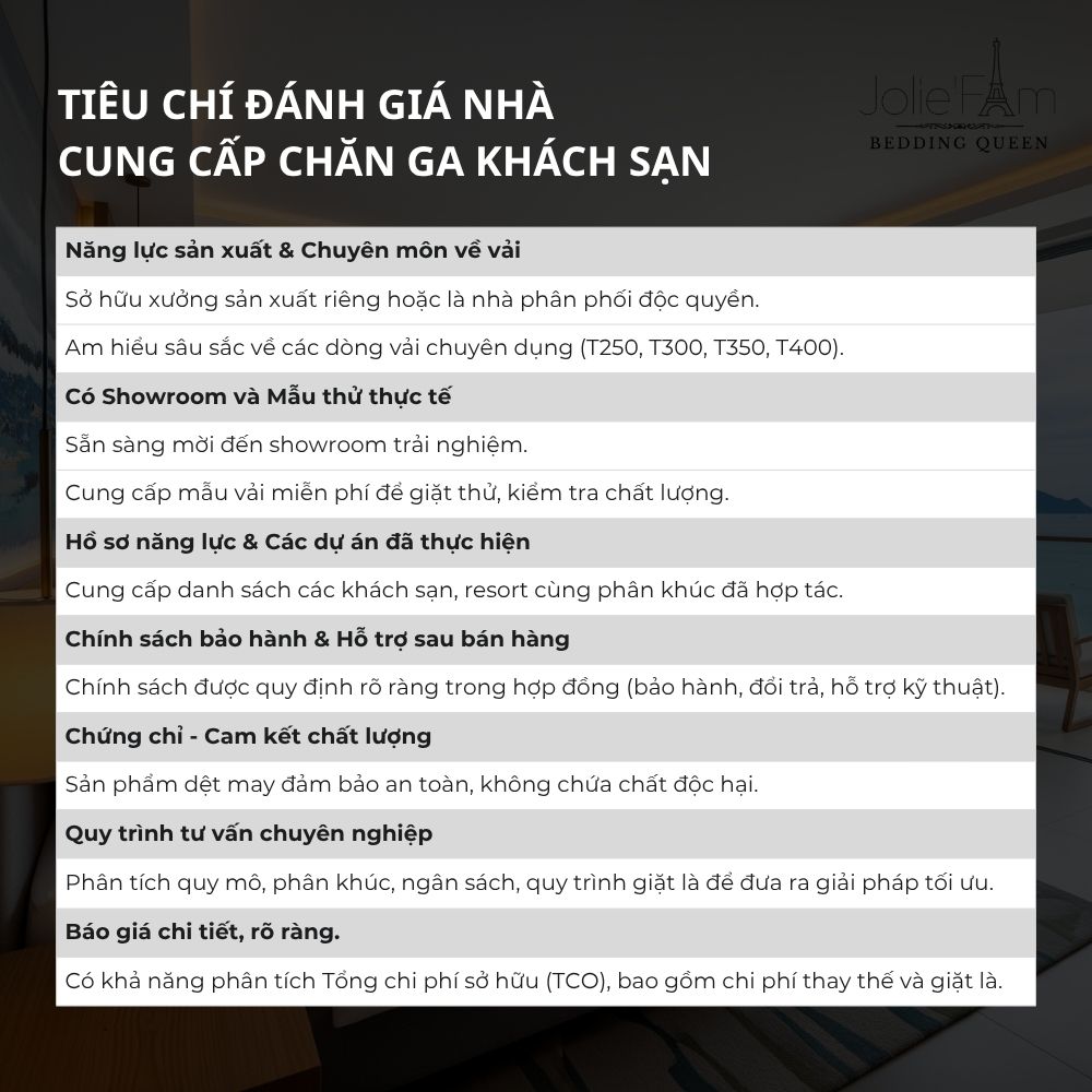 Infographic 7 tiêu chí vàng để lựa chọn nhà cung cấp chăn ga gối khách sạn uy tín.
