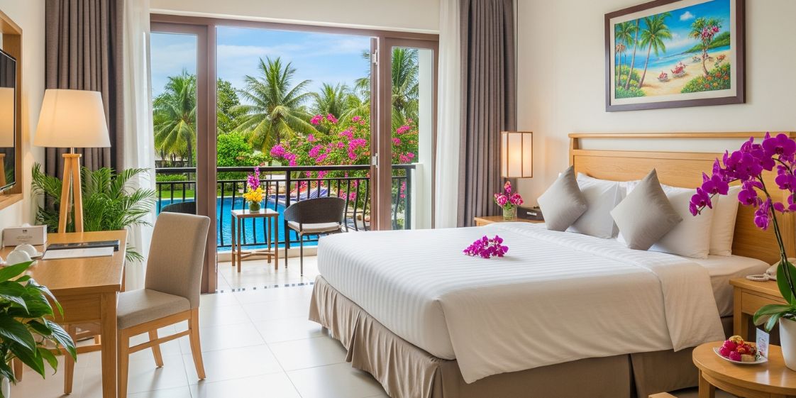 Phòng khách sạn 3 sao tại Đà Nẵng sau khi nâng cấp chăn ga gối đặt may riêng tại xưởng Joliefam.