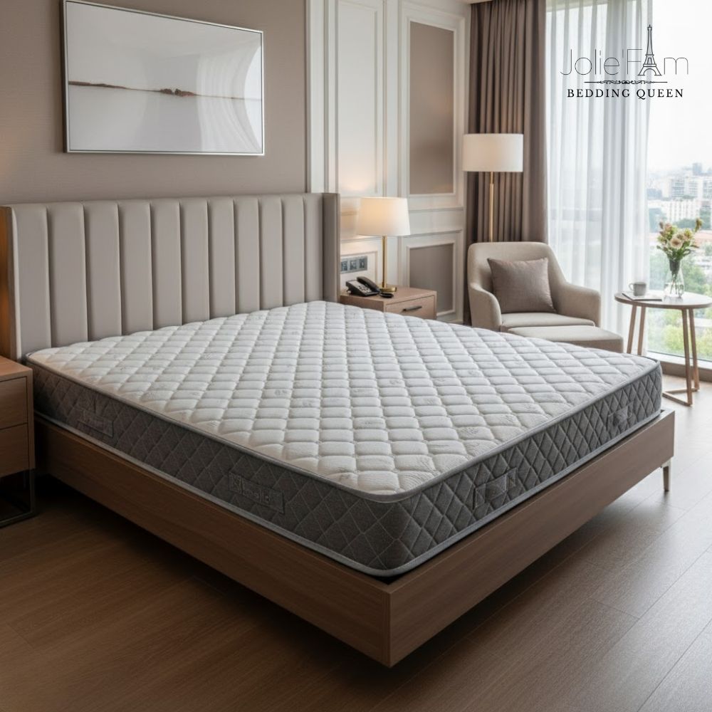 Phòng ngủ khách sạn 4 sao sang trọng với giường được trang bị đệm cao cấp của Joliefam, mang lại vẻ sạch sẽ và mời gọi.