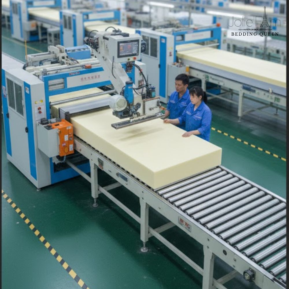 Một chuyên gia của Joliefam đang kiểm tra chất lượng và độ đàn hồi của một chiếc đệm lò xo túi độc lập tại xưởng sản xuất.