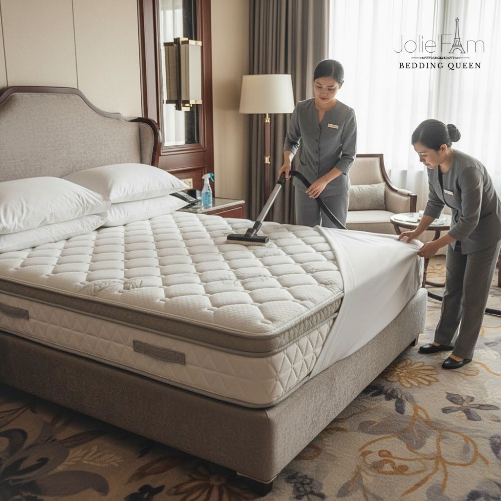 Nhân viên buồng phòng đang chăm sóc và bảo quản đệm lò xo túi độc lập trong phòng khách sạn sang trọng.