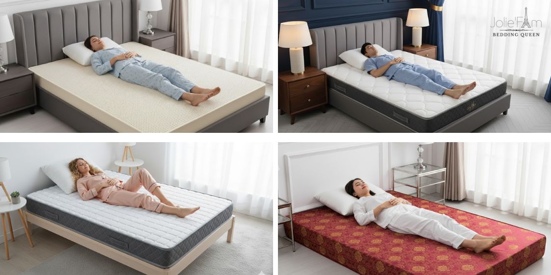 Người nằm thử các loại đệm khác nhau, so sánh tư thế cột sống trên đệm mềm, đệm cứng và đệm phù hợp