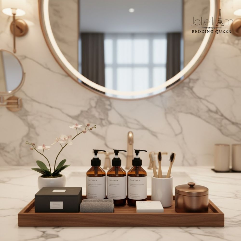 Bí Quyết Sắp Xếp Khay Đựng Đồ Phòng Tắm Khách Sạn: Nâng Tầm Trải Nghiệm & Thể Hiện Đẳng Cấp 6 Khay gỗ: Mang lại cảm giác ấm cúng, tự nhiên, phù hợp với phong cách Rustic, Scandinavian, hoặc Japandi.