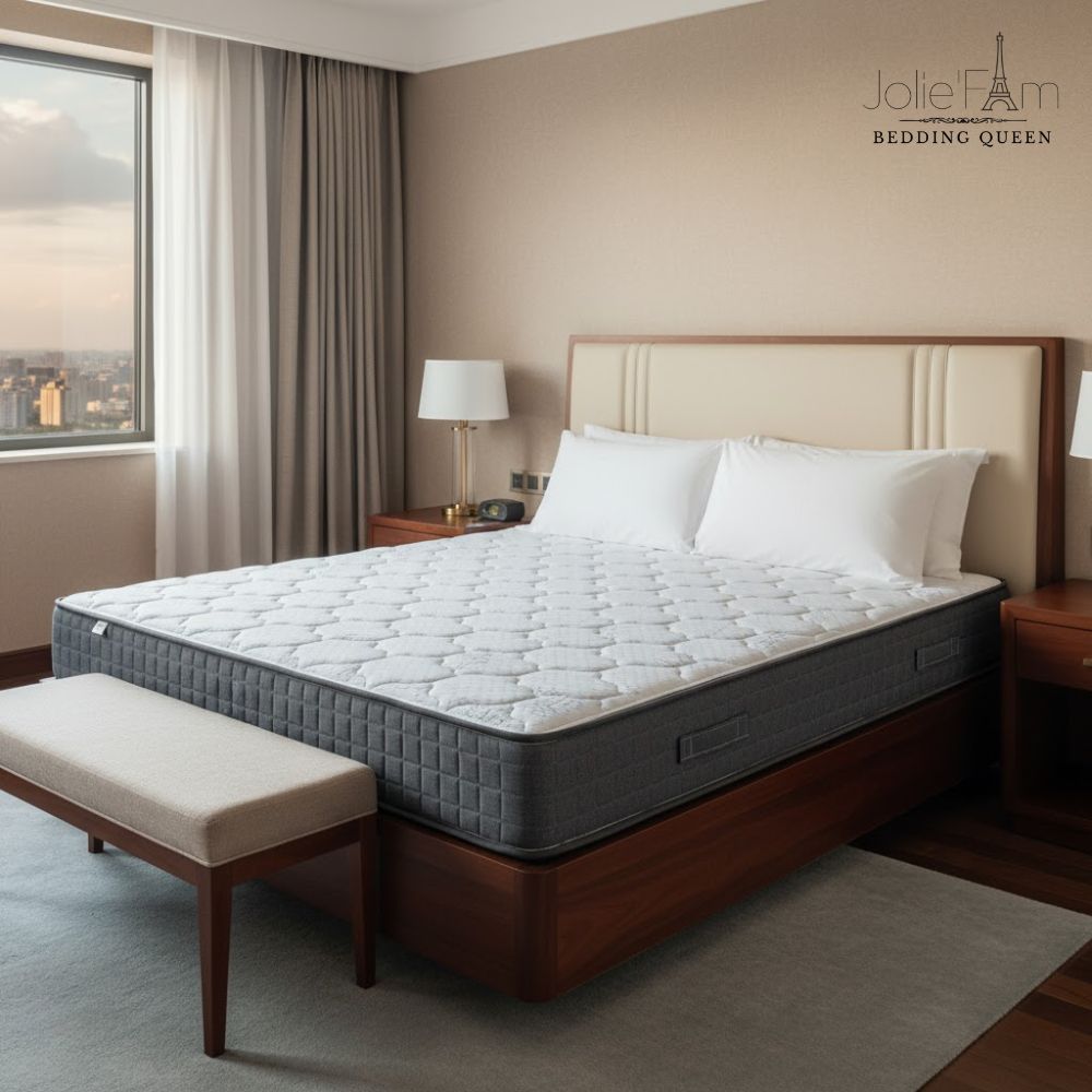 Một chiếc đệm đẹp, trắng tinh được đặt trong phòng ngủ sáng sủa, thể hiện thành quả của việc vệ sinh đúng cách.