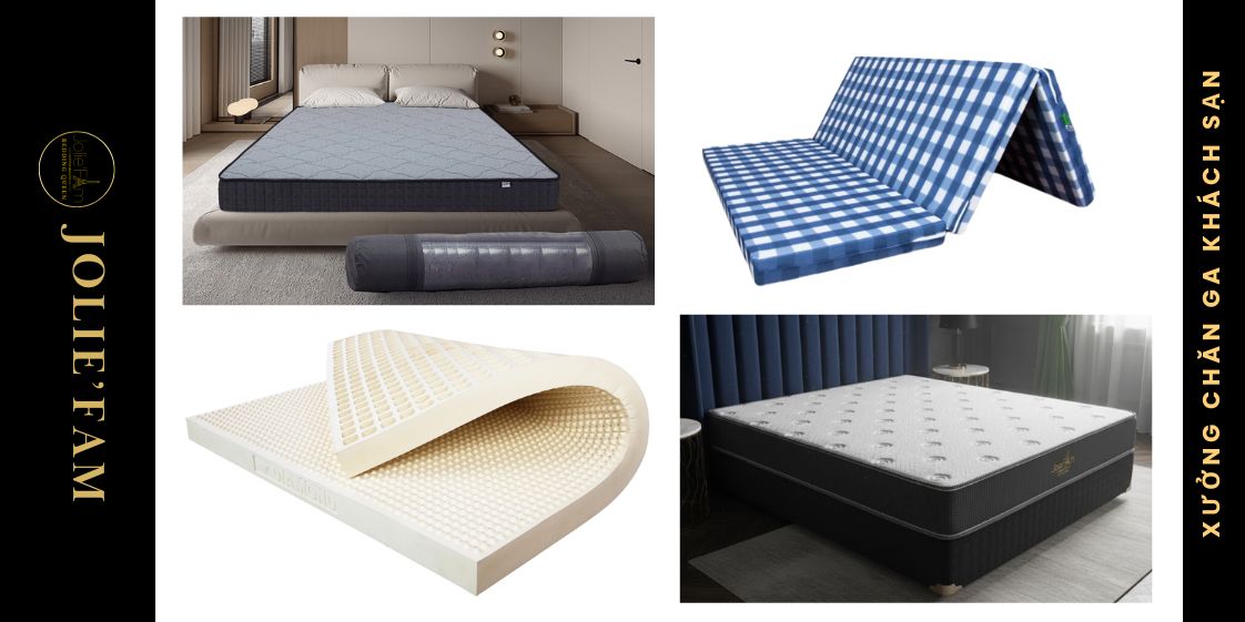 Bảng so sánh chi tiết 4 loại đệm: Lò xo, Foam, Cao su, Bông ép dựa trên các tiêu chí quan trọng cho khách sạn.