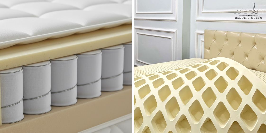 Infographic so sánh chi tiết cấu trúc bên trong của đệm lò xo túi, đệm foam và đệm cao su thiên nhiên.