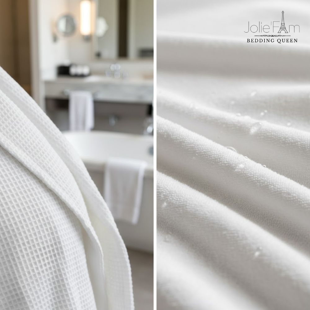 Hình ảnh so sánh cận cảnh bề mặt vải Cotton Terry bông xù và vải Waffle có cấu trúc tổ ong độc đáo.