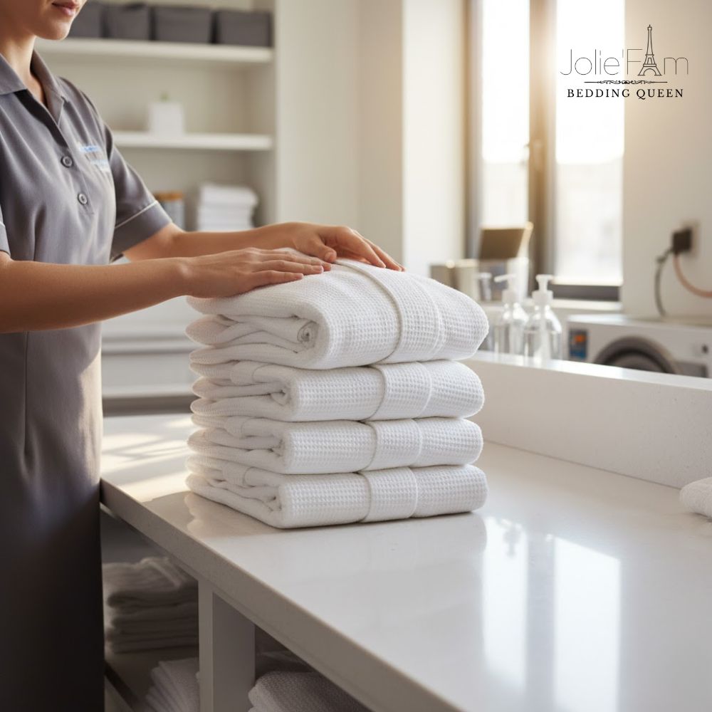 Nhân viên buồng phòng đang gấp gọn gàng một chồng áo choàng tắm màu trắng sạch sẽ, thể hiện quy trình bảo quản chuyên nghiệp.