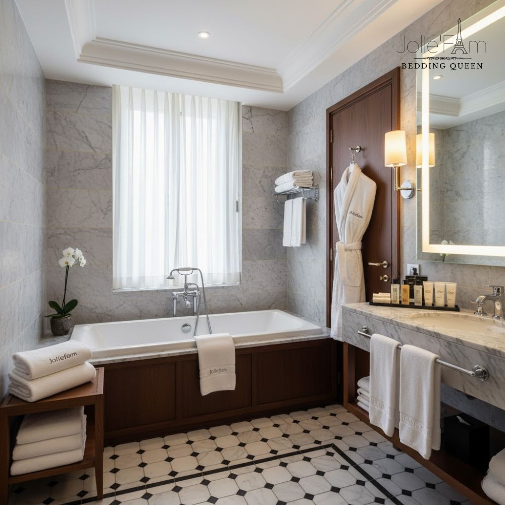 Không gian phòng tắm khách sạn 4 sao sang trọng với đầy đủ đồ dùng từ khăn tắm, áo choàng đến amenities được cung cấp bởi Joliefam