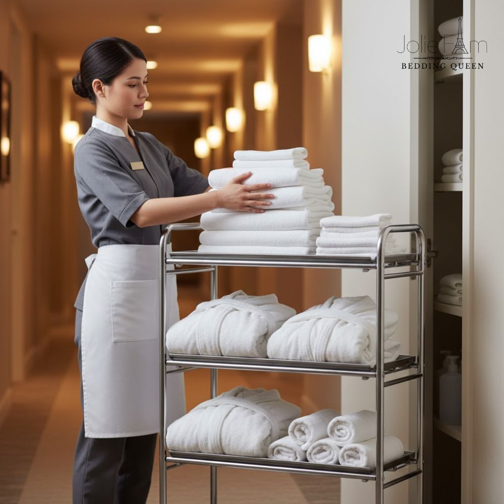 Nhân viên buồng phòng đang sắp xếp khăn sạch lên xe đẩy, minh họa cho hệ thống vận hành đồ vải chuyên nghiệp trong khách sạn.