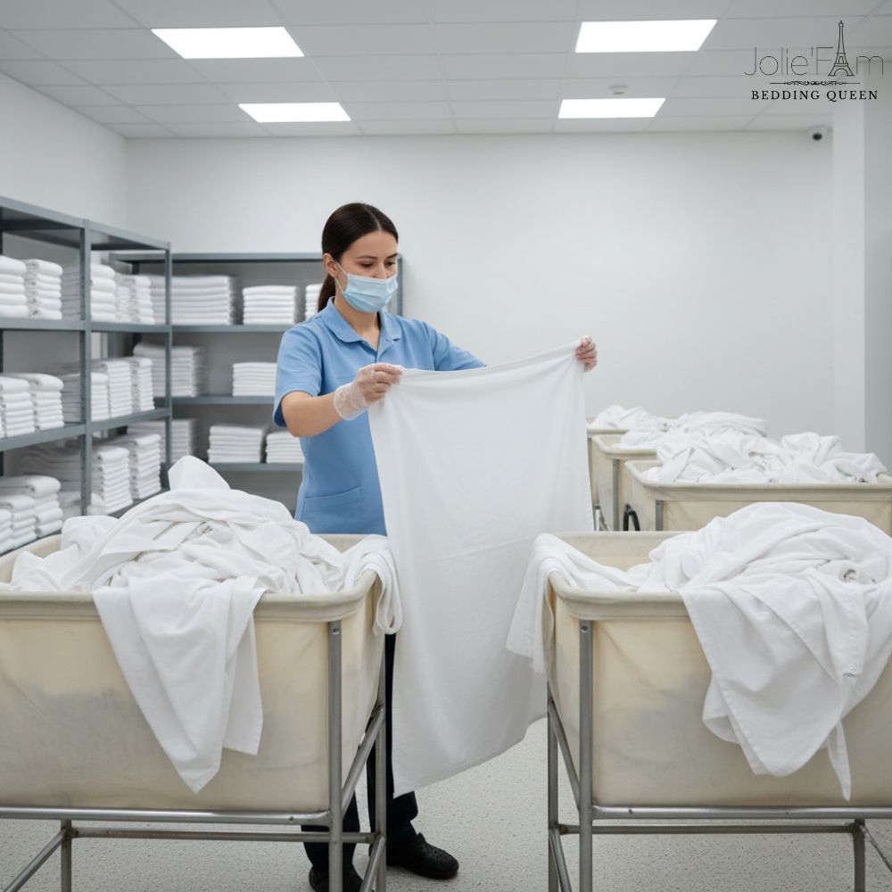 Kiểm Định Chất Lượng Đồ Vải Khách Sạn: Tiêu Chuẩn Thầm Lặng Quyết Định Trải Nghiệm Lưu Trú 8 Kiểm định đồ vải khách sạn không nằm trên giấy tờ, mà thể hiện rõ nhất qua cảm giác nằm và độ ổn định của chăn ga trong quá trình sử dụng thực tế.