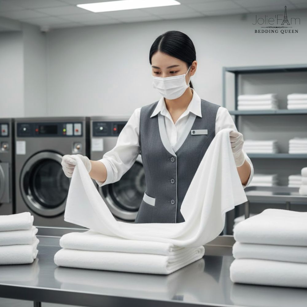 Không gian sạch thực sự được xây dựng từ nền tảng An Toàn & Vệ Sinh Khách Sạn: vải bền bỉ, dễ giặt, quy trình chuẩn và lớp bảo vệ đệm chuyên dụng.