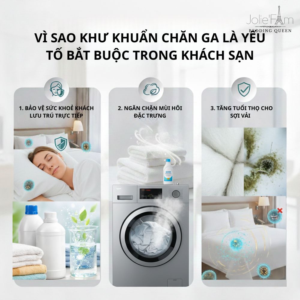 Khử Khuẩn Đồ Vải Khách Sạn: Quy Trình Chuẩn & Những Lưu Ý Quan Trọng 7 Bỏ qua khử khuẩn đồ vải khách sạn là bỏ qua sự an toàn. Làm đúng quy trình là cách khách sạn bảo vệ khách – và bảo vệ chính thương hiệu của mình.