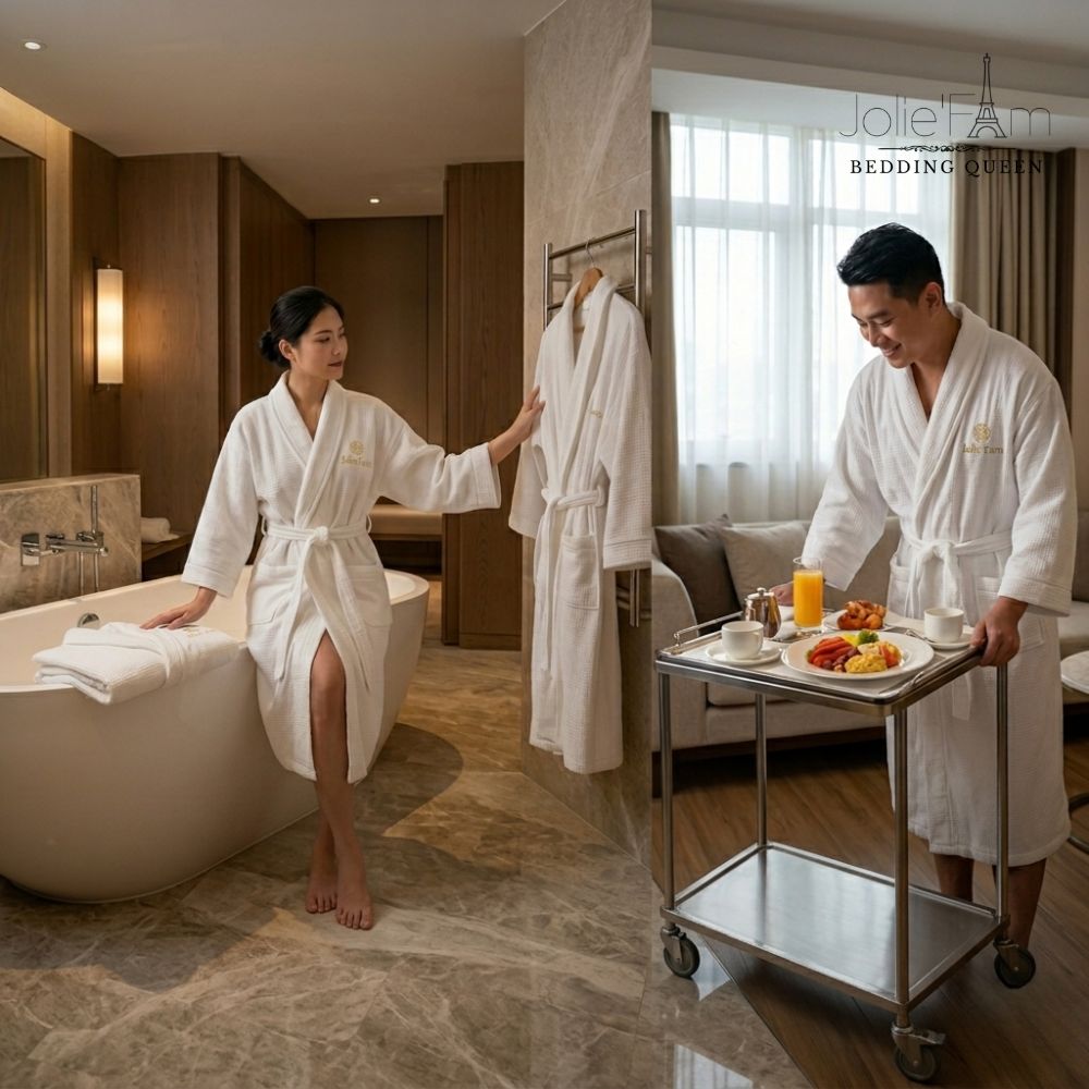 Áo choàng khách sạn chỉ được dùng thường xuyên khi chất liệu đủ thoải mái, sạch và đúng nhu cầu trải nghiệm của khách.